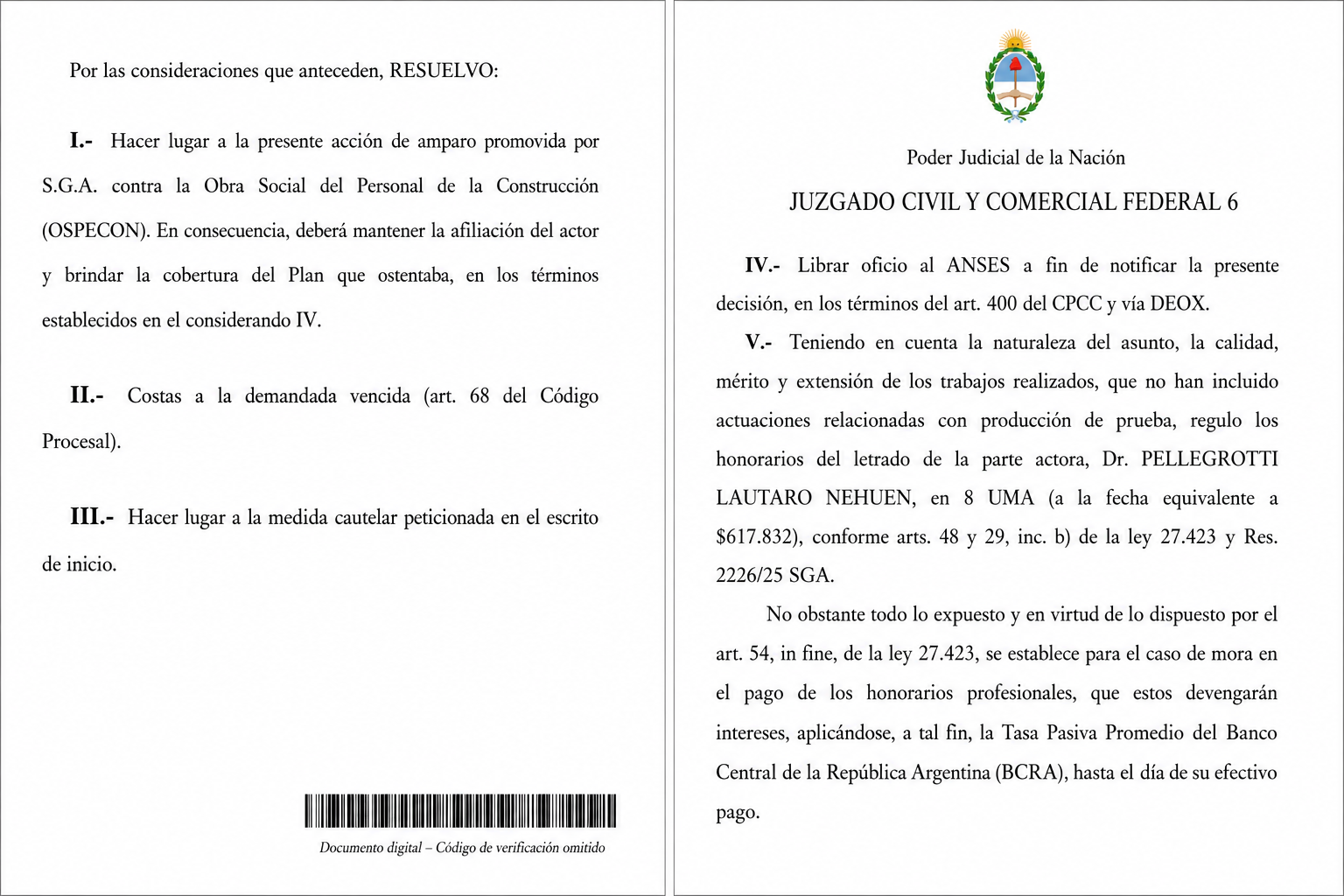 Resolución judicial anonimizada correspondiente a un amparo favorable por continuidad de obra social