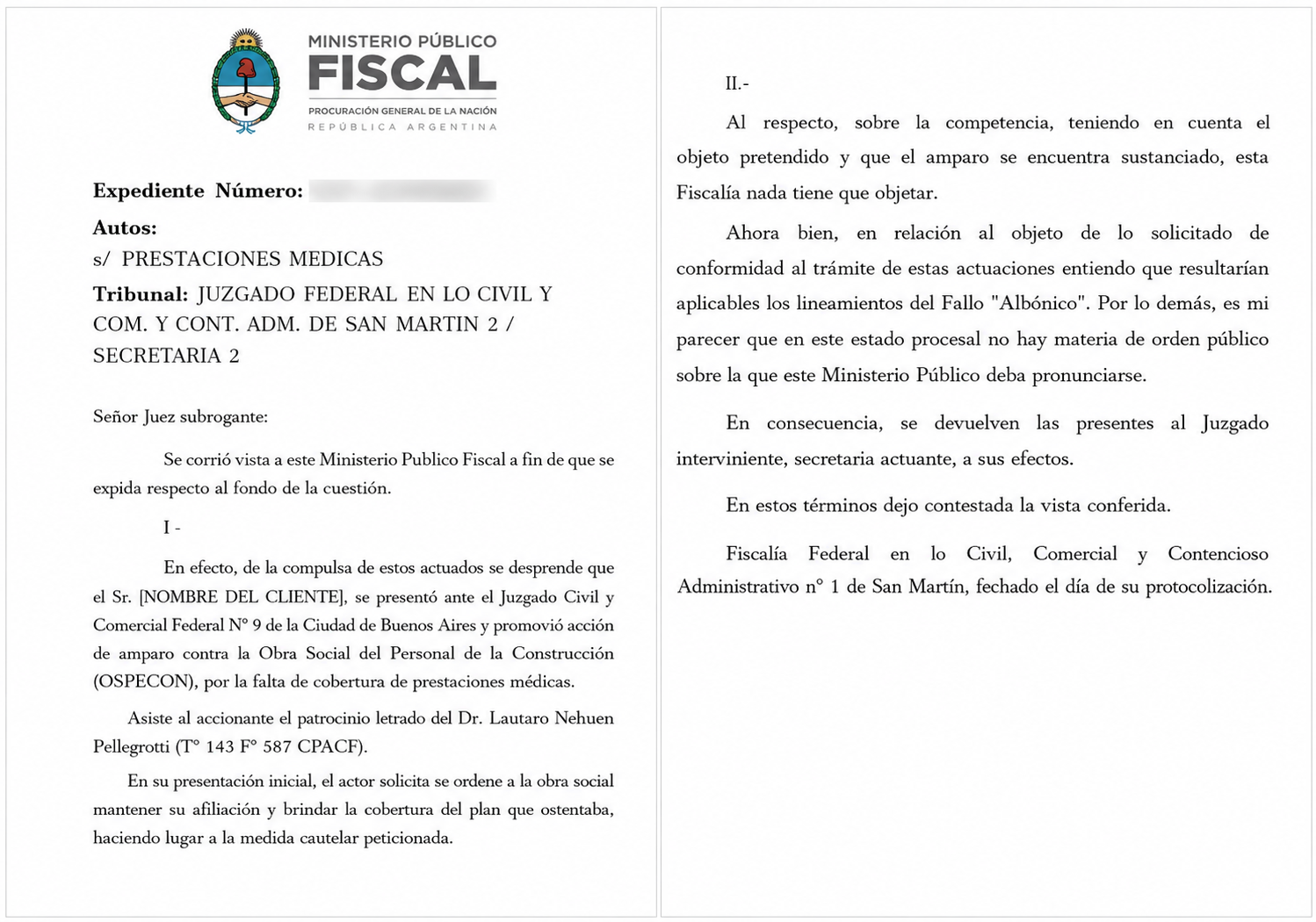 Documento judicial anonimizado correspondiente a un amparo por prestaciones médicas