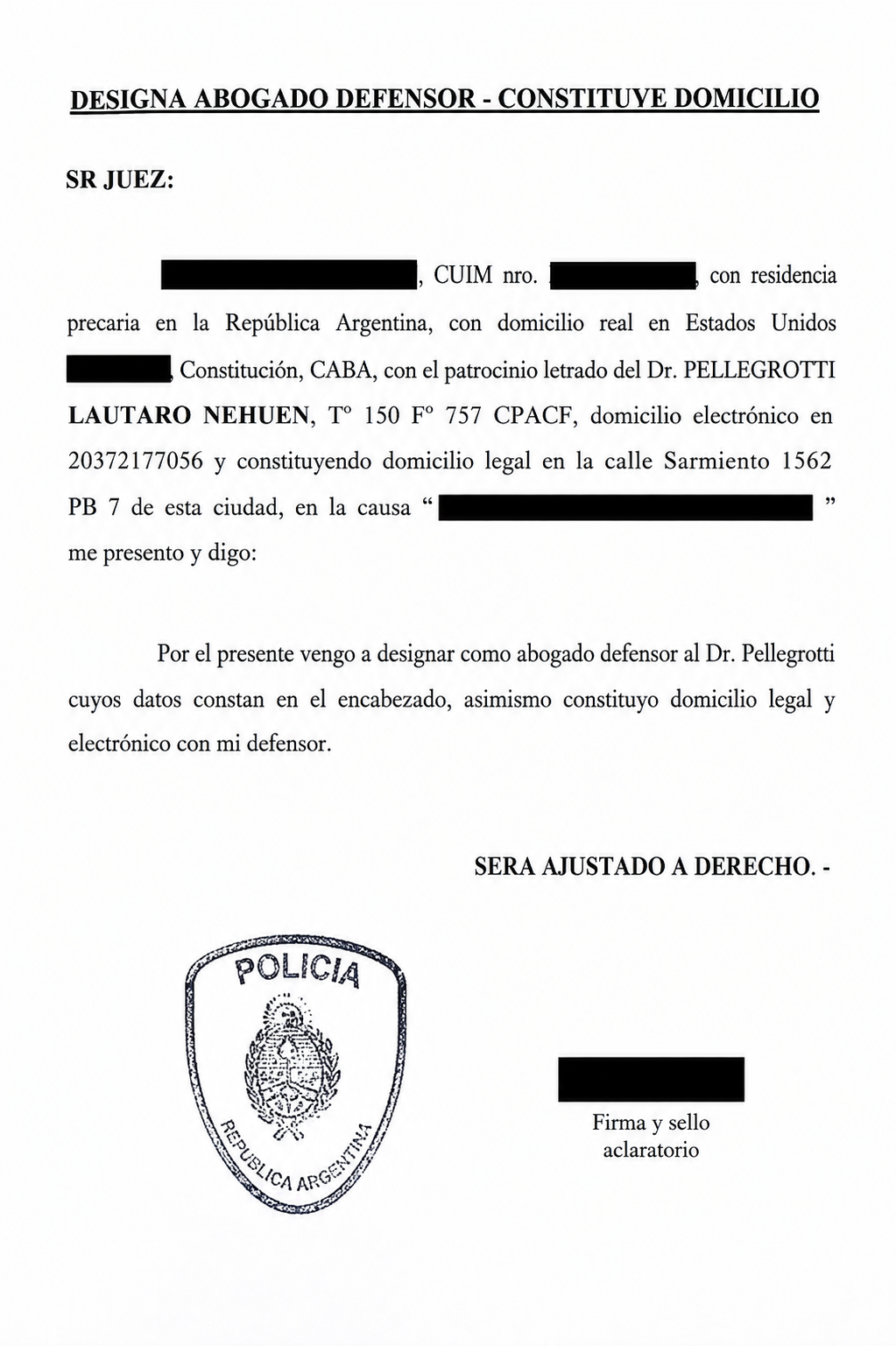 Documento anonimizado correspondiente a la designación del Dr. Lautaro Nehuen Pellegrotti como abogado defensor en una actuación federal