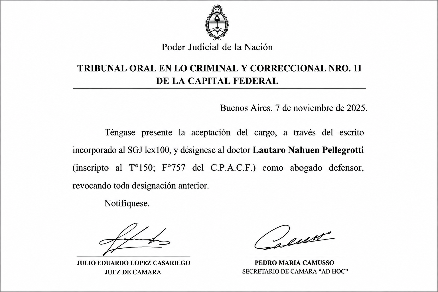 Documento judicial anonimizado que acredita la designación del Dr. Lautaro Nehuen Pellegrotti como abogado defensor