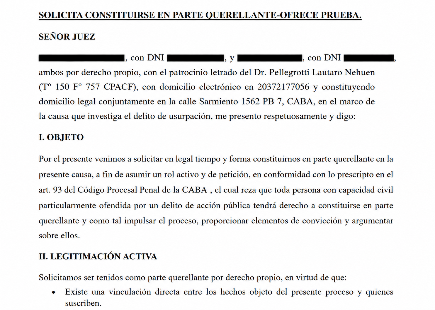 Presentación judicial anonimizada correspondiente a una querella por usurpación